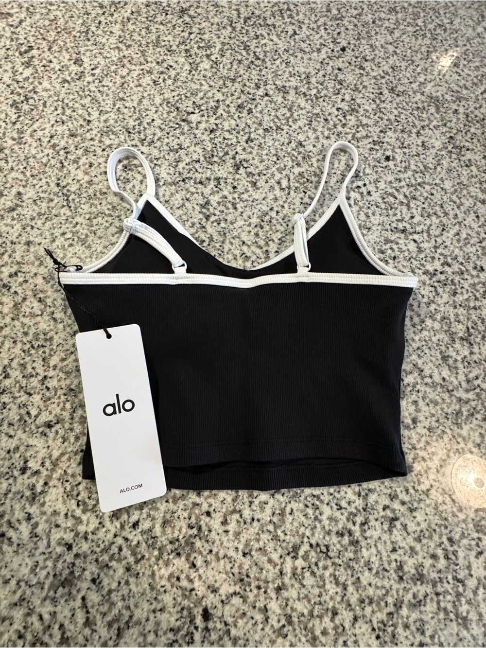 ALO Yoga Black Goddess Ribbed First Look Bra Tank with White Trim - Picture 2 of 3